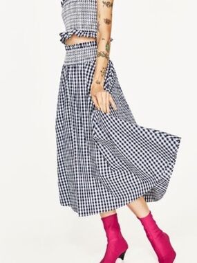 Zara navy and White Gingham Midi Skirt